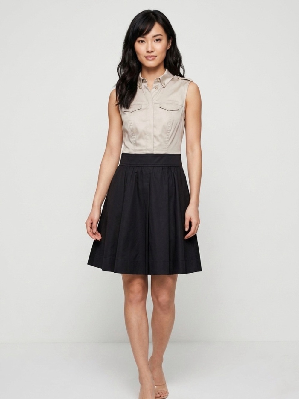 086 ARMANI EXCHANGE Women’s Collared A-Line Mini Dress - Black/ Beige, Sz 0P